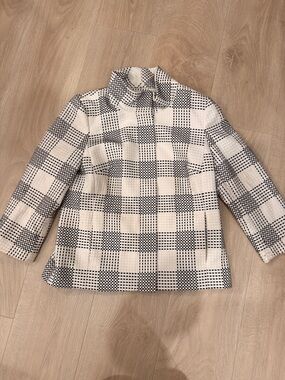 Talbot's Women's Jacket White Black Geometric Plaid Full Zip Turtleneck Lined